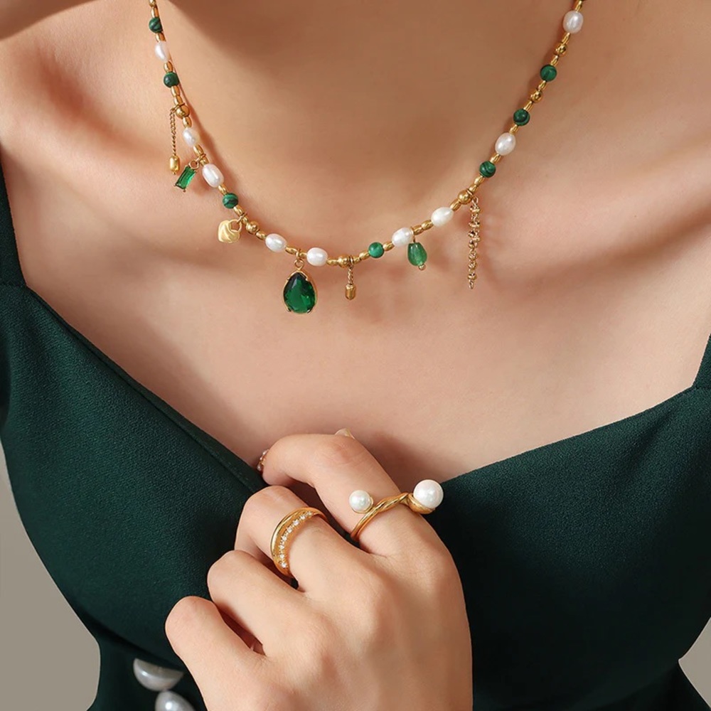 24K Gold Gemstone Necklace*Mixed Healing Stones*Beaded Necklace*Malachite